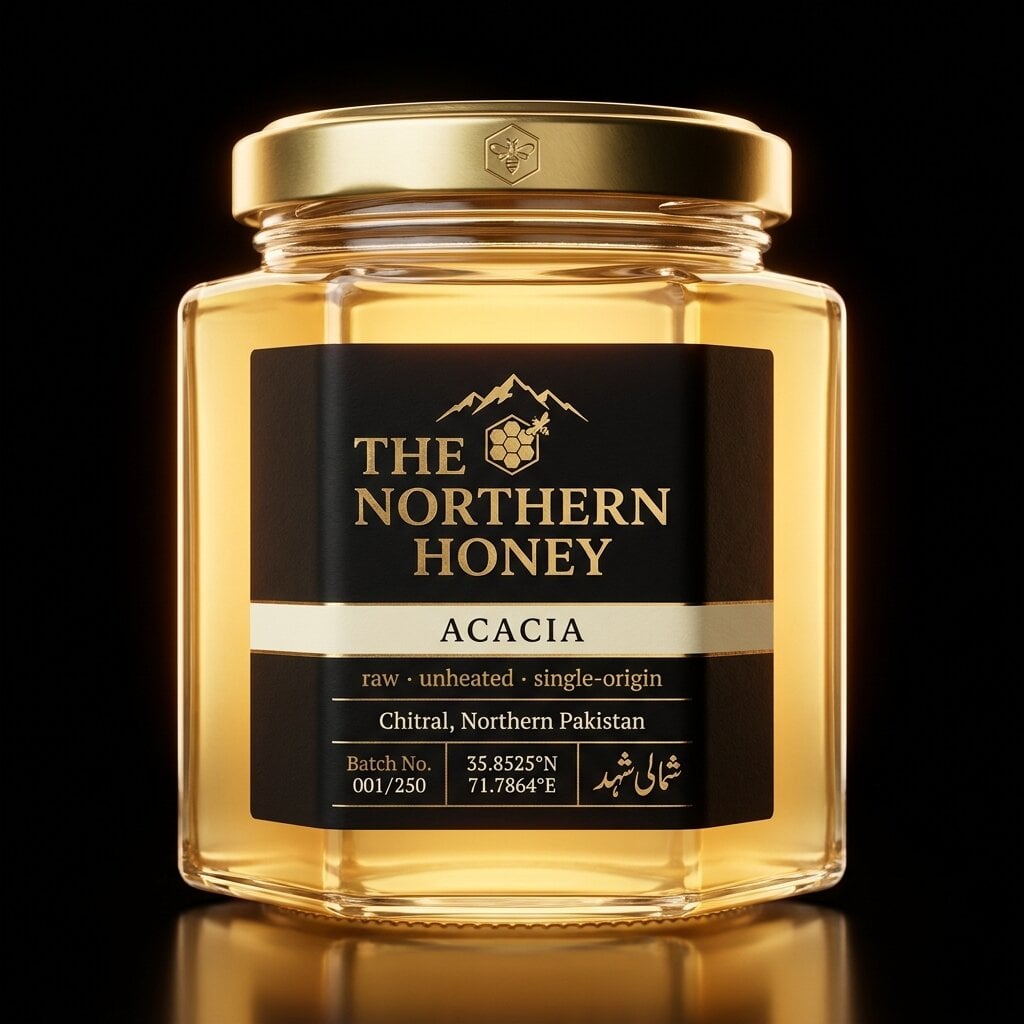 Acacia — hexagonal jar of The Northern Honey, matte black label with gold foil