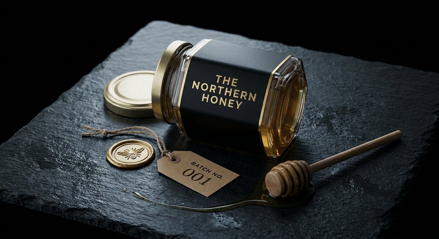 Flat lay of The Northern Honey jars with packaging