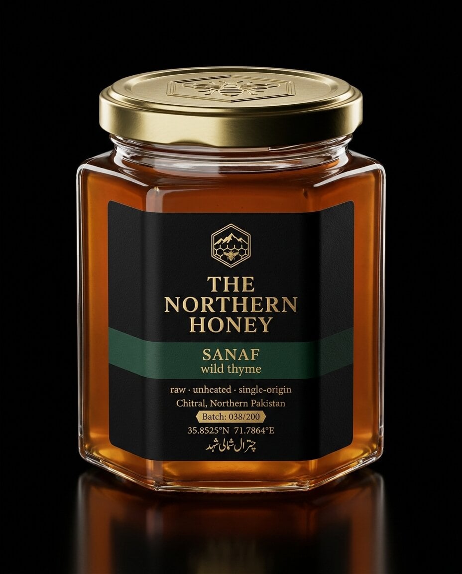Sanaf — hexagonal jar of The Northern Honey, matte black label with gold foil