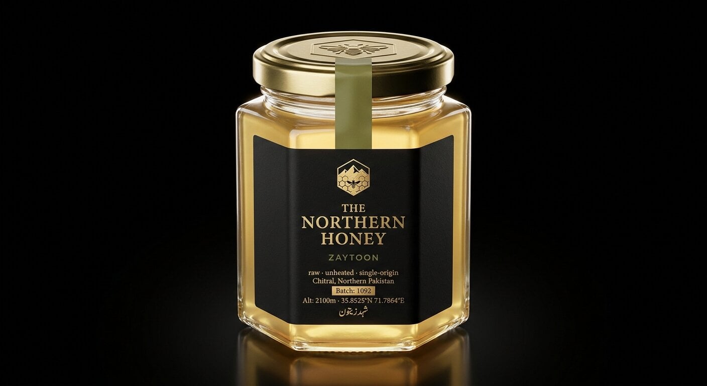 Zaytoon — hexagonal jar of The Northern Honey with matte black and gold foil label